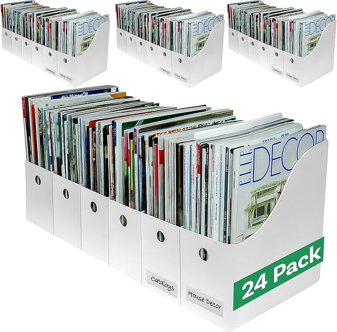 Evelots Magazine File Holder - Set of 24 White - Office Desk Organizer - Sturdy Cardboard - New Upgraded Double Front Panel for More Stability - Full 4 Inch Wide - Easy Assemble