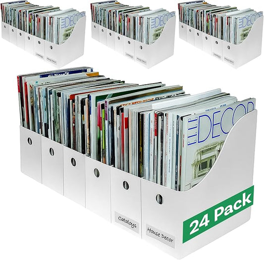 Evelots Magazine File Holder - Set of 24 White - Office Desk Organizer - Sturdy Cardboard - New Upgraded Double Front Panel for More Stability - Full 4 Inch Wide - Easy Assemble