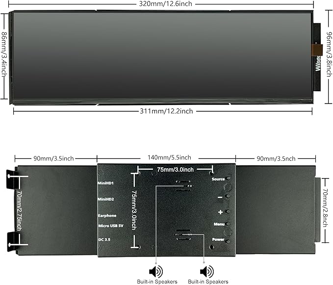 wisecoco 12.6 Inch Bar LCD Screen HDMI Display Monitor 1920x515 IPS DIY Kits Dual Built-in Speakers for Hyte Y60 Computer Gaming PC Case CPU GPU Secondary Monitor Easy Install Black