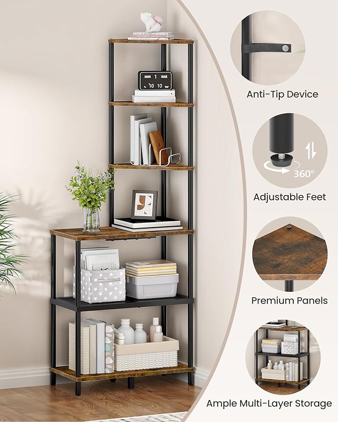CHOEZON 6-Tier Corner Shelf, Industrial Corner Bookshelf with Desk Top, Diamond-Shaped Storage Shelves, Display Stand for Small Spaces, Living Room, Home Office, Foyer, Rustic Brown and Black TCJ70BF