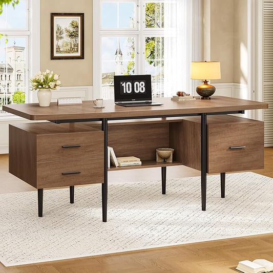 70.9" Modern Executive Desk, Wooden Computer Desk with 2 Drawers and File Drawer, Privacy Panel & Open Storage Shelf, Large Home Office Writing Desk, Brown