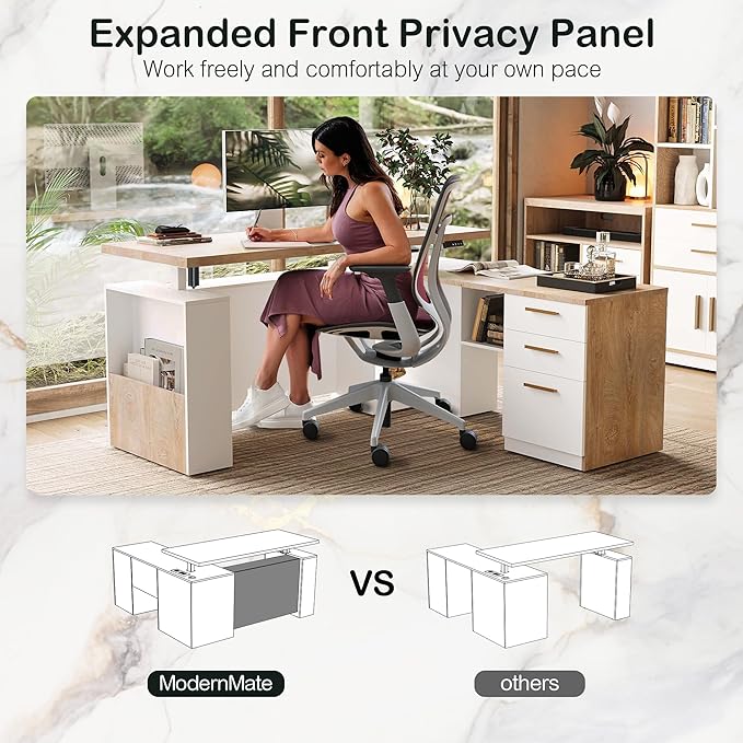 ModernMate 63" Standing Desk with File Cabinet, Privacy Panel, AC/USB, 1.18" Desktop, Executive L Shaped Height Adjustable Electric Stand Up Desk, Home Office Table with 3 Drawers, Light Walnut