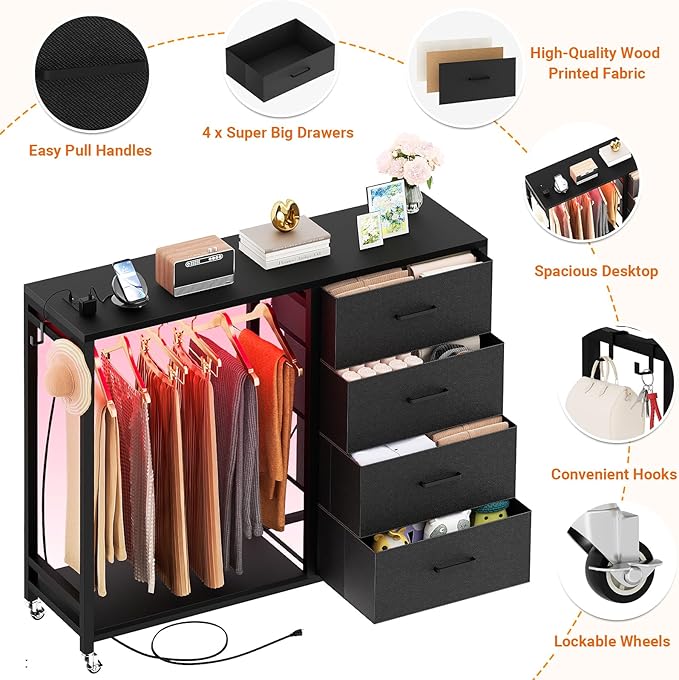 Cyclysio Dresser with Hanging Rack, 4 Fabric Drawers Dresser with Clothes Rack, Wooden Top Storage Chest of Drawers with Charging Station & LED Lights, Lockable Wheels, Closet