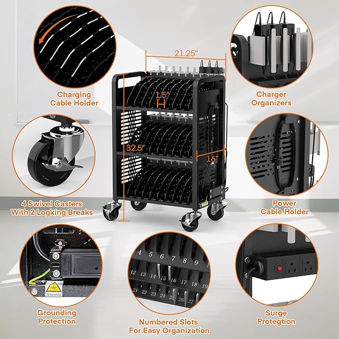 30-Unit Mobile Charging Cart-Open Charging Station Rack for 14-inch Chromebooks and Tablets-Tablet Organizer Station with Cable Management and Charger Organization(Black)