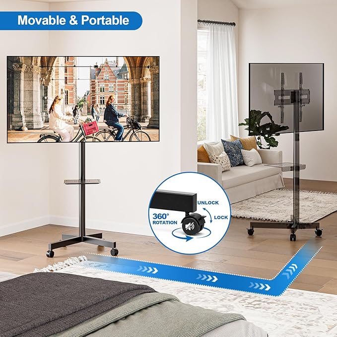 Mobile TV Stand for 23-65 Inch LCD LED Flat/Curved Panel Screen TVs, Height Adjustable Rolling Floor TV Cart with Tilt Mount and Shelf, Portable Stand Holds up to 110 lbs, Max VESA 400x400mm
