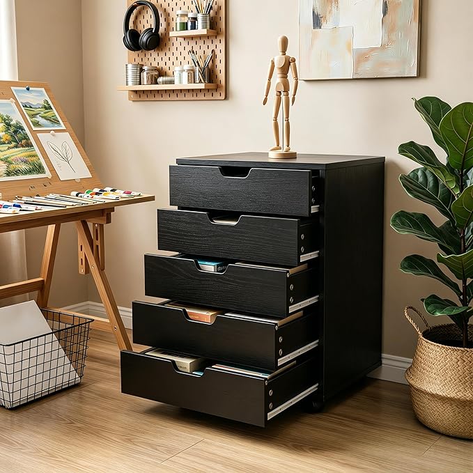SUPER DEAL 5 Drawer File Cabinet for Home Office, Wood Under Desk Filing Cabinet Mobile Printer Stand Rolling Storage Organizer with Lockable Casters for Apartment Small Spaces, Black