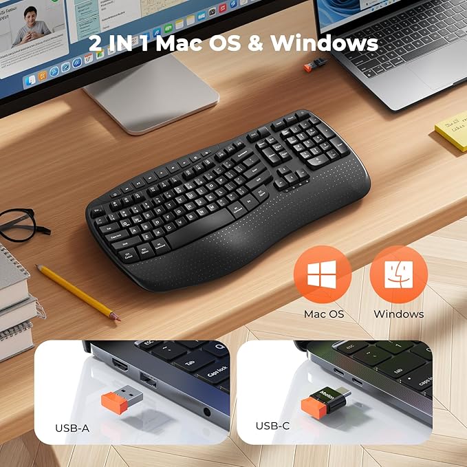 MEETION Wireless Ergonomic Keyboard, Wave Keys Firm Wrist Rest for Natural Typing, 2.4G USB-A Cordless Receiver and USB-C Adapter, Ergo Computer Keyboard Compatible with Windows/Mac/PC/Laptop, Black