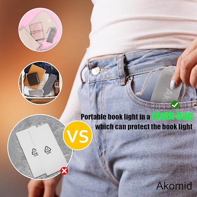 Akomid USB Rechargeable Book Light for Reading in Bed, 8 LEDs Bookmark Style Clip on, Eye-Cared Amber Light Mode for Kids, Blue Light Blocking, Stepless Dimming, Lake Blue