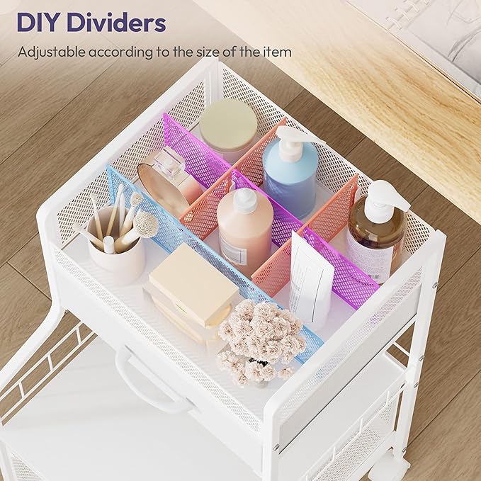 SWTYMIKI Rolling Under Desk Storage - Storage Cart with Drawers & DIY Divider - Art Cart Organizer on Wheels - Craft Rolling Utility Cart for Office, Craft Room & Studio White