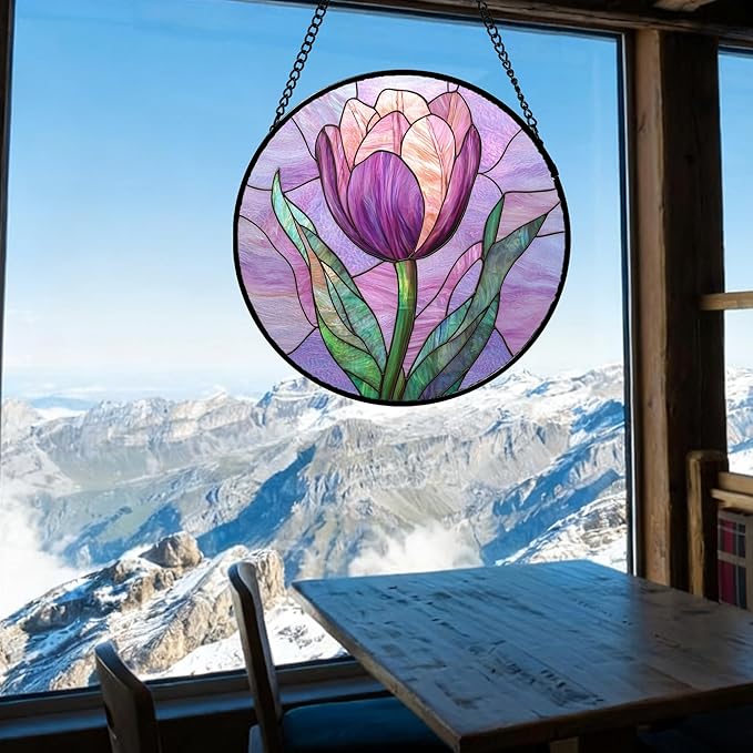 DASTOLL Stained Glass Window Hanging Purple Tulips Flower 9.8" - Suncatcher Door Garden Sun Catcher Home Decor Birthday Mother's Day for Mom Men Woman Parents Her Nana Friend