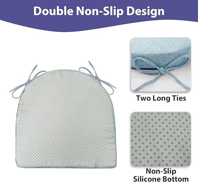 IPYNBAP Chair Cushions for Dining Chairs, Kitchen Chair Cushions, 16'' x 16'' x 2'', Non Slip Indoor Seat Cushions, Chair Pads for Dining Chairs with Ties & Removable Cover, Set of 2, Light Blue