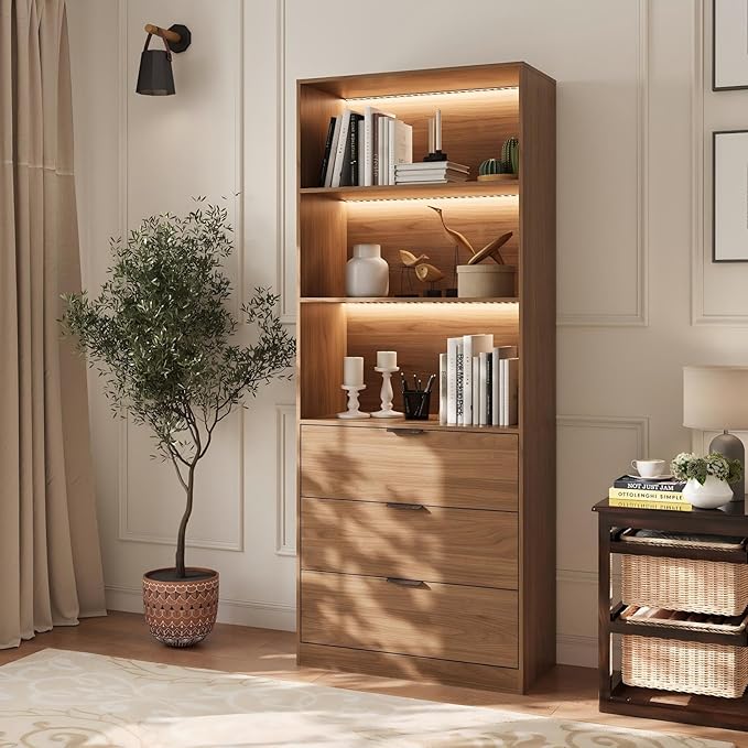 Mekminop 78.7" H Bookshelf with Drawers and LED Light, Bookshelf and Bookcase with 3-Tier Open Shelves, Tall Bookcase Tall Storage Cabinet for Home Office Living Room
