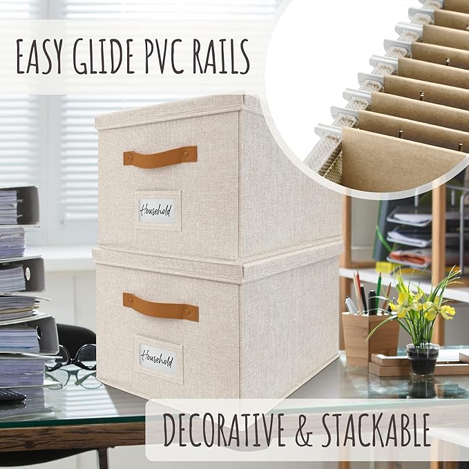 ZICOTO Decorative File Organizer Box Set of 2 - Collapsible Linen Filing Cabinets with Handles Are Perfect to Store All Your Documents & Hanging File Folders - Portable Easy Slide Crates with Lid
