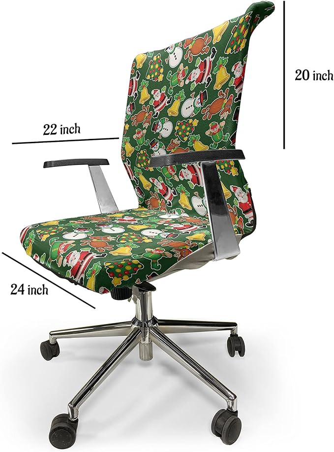 Ambesonne Christmas Office Chair Cover, Vivid of Joyous Holiday Celebration Jumping Dancing Cheery Cartoon for Yule, Stretchable Decorative Universal Size High Back Printed Slipcover, Green Red