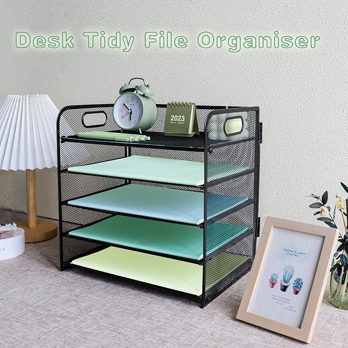 Paper Letter Tray with Handle, 2 Pack 5 Tier Metal Mesh Desk File Organizer, A4 Paper Desktop Filing Trays, Desk Tidy Magazine Document Holder for Home Office, Black