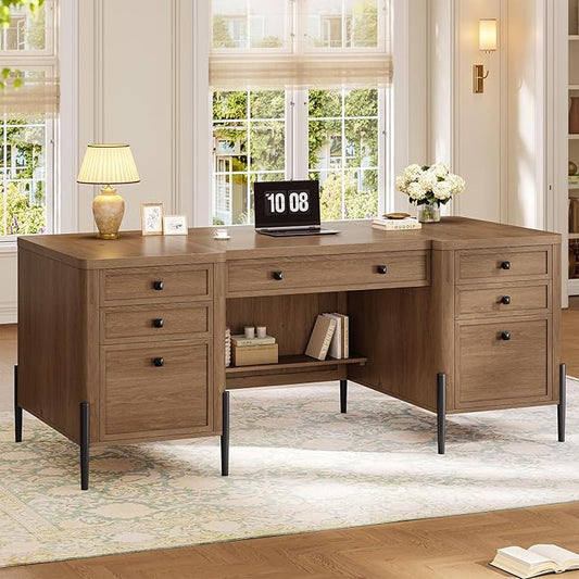 63" Executive Desk with 5 Drawers, Farmhouse Home Office Desks with 2 Storage Cabinet and Keyboard Tray, Large Boss Desk with Privacy Panel, Modern Table with Open Shelf and File Drawer