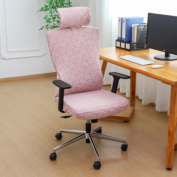 Pink Ergonomic Office Chair Covers Set with Headrest Cover Jacquard 2 Pieces Stretch Desk Computer Office Chair and Headrest Slipcovers Washable