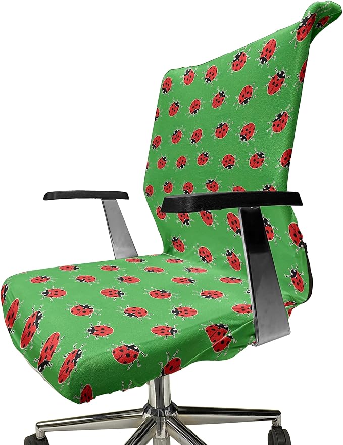 Ambesonne Entomology Office Chair Cover, Cartoon Style Repetitive Ladybugs on a Meadow, Stretchable Decorative Universal Size High Back Printed Slipcover, Red Green