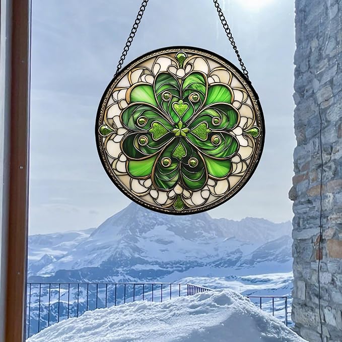 DASTOLL Stained Glass Window Hanging St. Ripak Festival Green Lucky Clover 7.8" - Suncatcher Door Garden Sun Catcher Ireland Decor Mother's Day for Mom Woman Her Men Sisters
