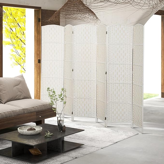 HOMCOM Room Divider 6 Panel, 6FT Tall Folding Privacy Screen, Freestanding Hand-Woven Partition for Room Separation with 360° Hinges, Paper Rope Diamond Weave, White