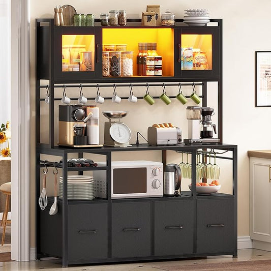 Itaar Bakers Rack with Power Outlet and LED Light, 47.2'' Microwave Stand with Storage, Kitchen Coffee Bar Cabinet with Glass Door, 4 Drawer, Wine Rack, Goblet Holder and 12 Hooks, Black