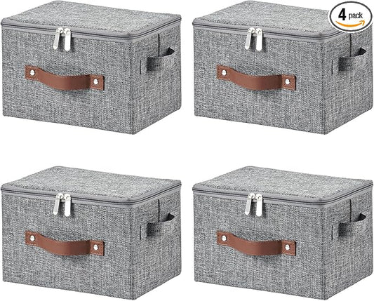 4 Pack Storage Bins with Zipper Lid Cotton Linen Fabric Lidded Storage Baskets Boxes Foldable Washable Closet Shelf Clothes Organizer Container with PU Leather Handles (Gray, Small)