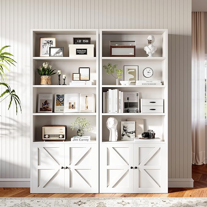 71.5" Bookshelf Set of 2, 6-Tier Bookcase with Cabinet Doors, Tall Display Shelves with Storage for Home Office, Living Room