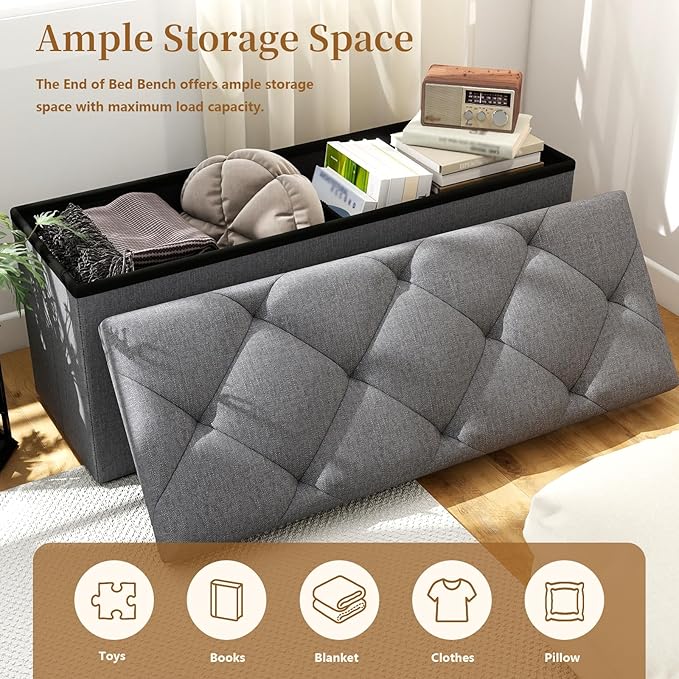 30W Folding Ottoman with Storage Bench,Storage Ottoman Bench,15W Inches Ottoman Foot Rest,End of Bed Bench,Support 660LBS Foot Rest Stool for Living Room,Bedroom,Dark Gray（30W+30W+15W