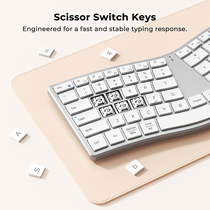 MEETION Ergonomic Keyboard and Mouse Wireless, Split S-Curve Design, 2.4G Wireless & Dual Bluetooth, Slim Low-Profile Rechargeable Full Size Keyboard, 4 DPI Mouse for Windows Mac PC Laptop, White