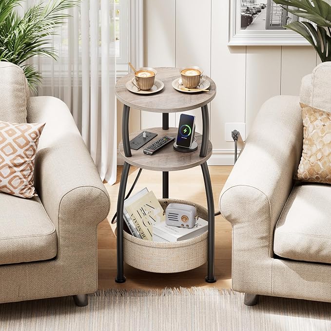 Side Table with Charging Station, Small Round End Table with Basket, USB Port and Outlet, 3 Tiers Sofa Couch Table Bedside Table for Living Room Bedroom, Small Spaces, 11.81in Greige