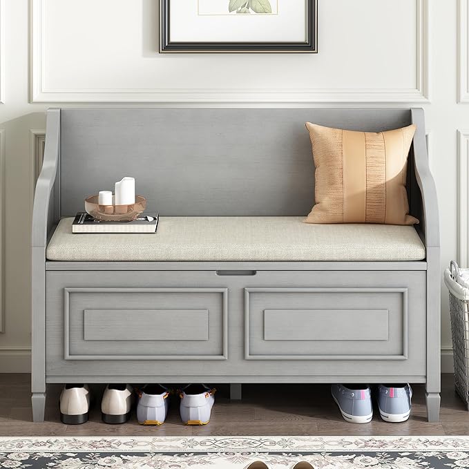 SOFTSEA 41.9" Storage Bench with Back, Entryway Shoe Bench with Cushion & Lift Top Storage, Rustic Shoe Storage Cabinet with Cushioned Seat for Entryway, Bedroom, Living Room (Grey Wash)