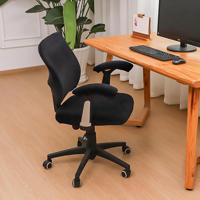 4 Pieces Velvet Office Chair Cover for Desk Chair Back and Seat with Armrest Covers Stretch Black Split Office Chair Slipcovers Set Washable
