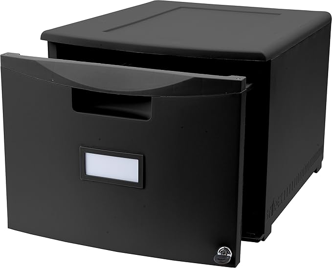 Storex Plastic One-Drawer File Cabinet – Locking Document Organizer for Home and Office, Black, 2-Pack (61265A02C)