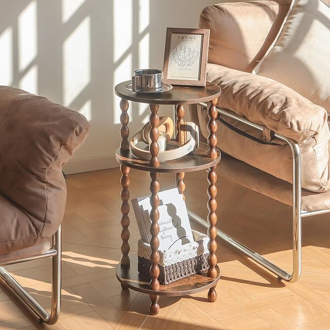 AWASEN Small Side Table, 3-Tier Round End Table for Small Spaces, Modern Bedside Table Nightstand for Bedroom, Living Room, Office, Rustic Brown