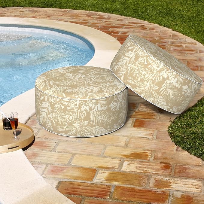 Outdoor Patio Inflatable Ottoman, 21x9 Inch Portable Stool Ottoman with Handle, Round Footrest Stool for Home Garden Camping, Tropical Leaf Oat