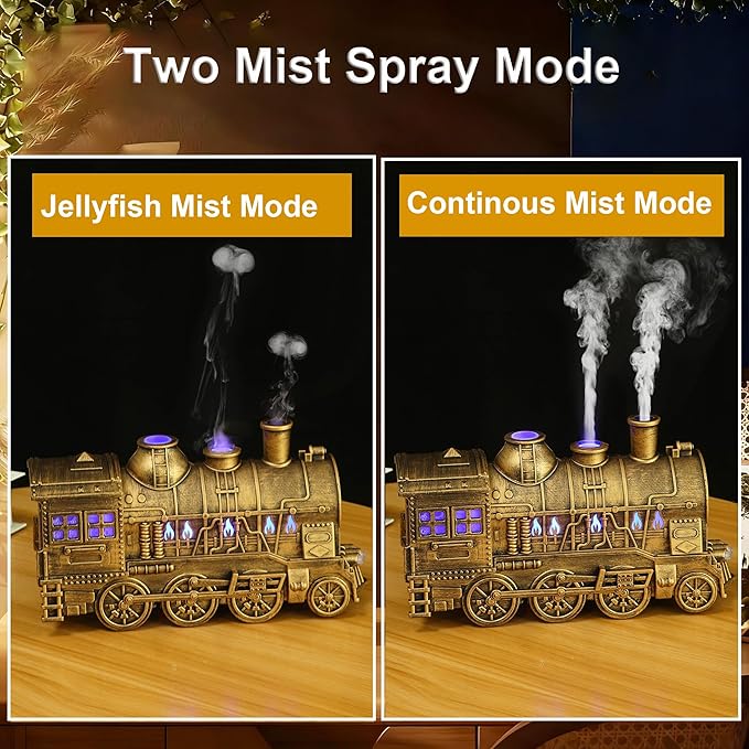 Mother's Day Train Humidifier 300ml, Dual Mist Outlets Cool Mist Diffuser with 2/8H Timer, for Aromatherapy & Air Humidity, Desktop Decor(Bronze)