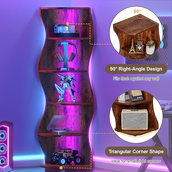 VECELO 6-Tier Wave Corner Bookcase with LED Lights, 90° Right-Angle Tall Narrow Bookshelf, Wooden Corner Display Stand Storage Shelf for Small Spaces, Living Room, Bedroom, Home Office (Brown)