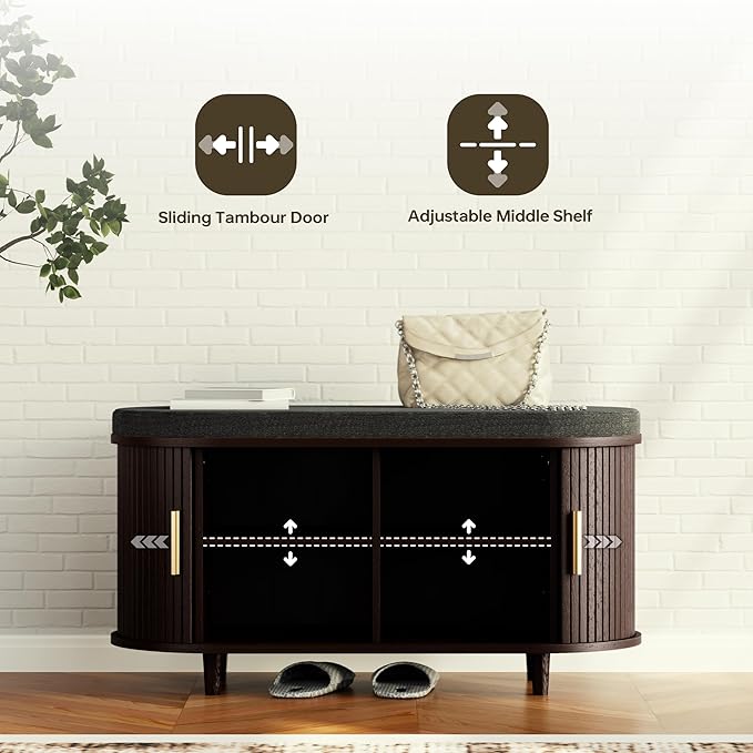 DHH 2-Tier Storage Bench,Wide Shoe Bench with Thickened Padded Seat Cushion, Mid Century Modern Fluted Sliding Door and Adjustable Shelf, for Entryway, Living Room, Bedroom (Dark Walnut, 35.4“)