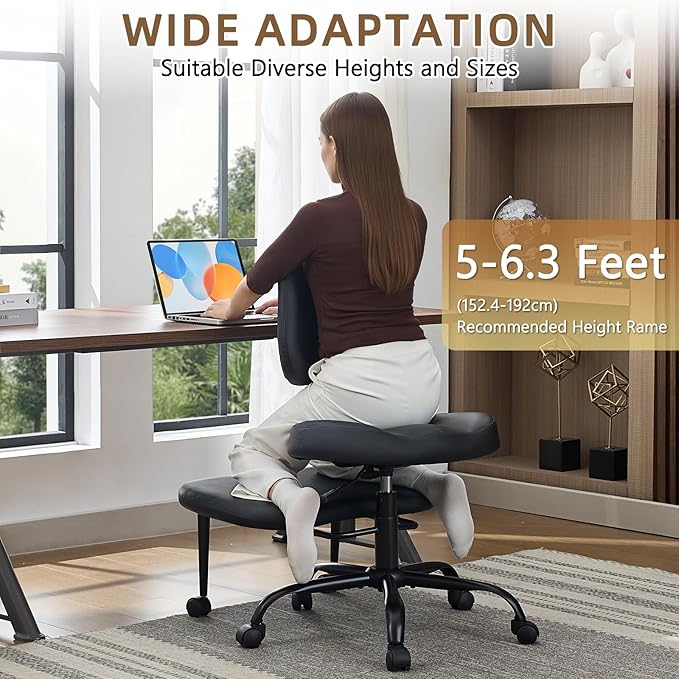Criss Cross Legged Meditaion Chair,Exquisite Home Office Furniture,Ergonomic Kneeling with Lumbar Support and Adjustable Height Stool,for ADHD Adults,Teddy Fabric (Dark, Faux Leather)