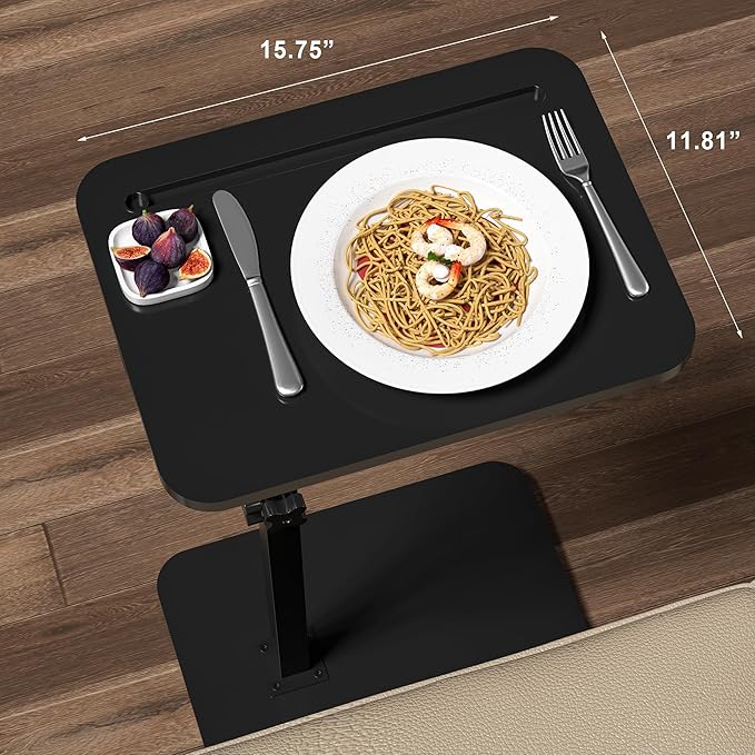 Black Side Tray Table for Couch - 360° Swivel Adjustable Height Rotating Sofa Table C Table End Table Laptop Desk with Phone & Tablet Slot, Perfect for Eating Working Reading, Fits Small Spaces