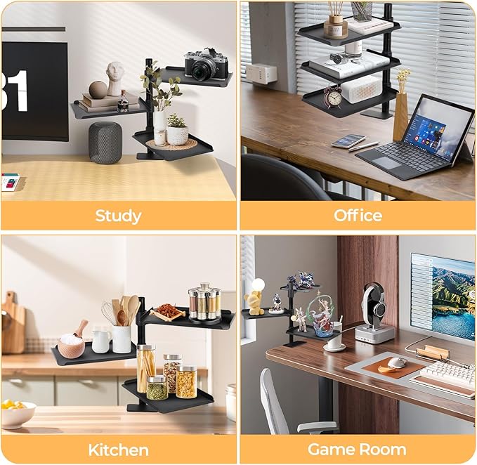 GCCSJ Desk Extender，3 Tier Desk Clamp Shelf，360° Rotatable & Height-Adjustable Clamp on Desk Shelf for Study/Office/Kitchen/Game Room，Maximum Desktop Thickness 2.2 Inch