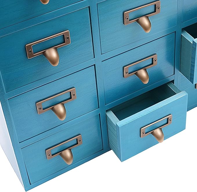 16-Drawer Wooden Desk Organizer Storage Box with Label Holders Vintage Wood Desktop Organizer, Desk Drawer Unit Collectors Box for Living Rooms, Bedrooms, Offices (Blue, 1PC, 16 Drawers)