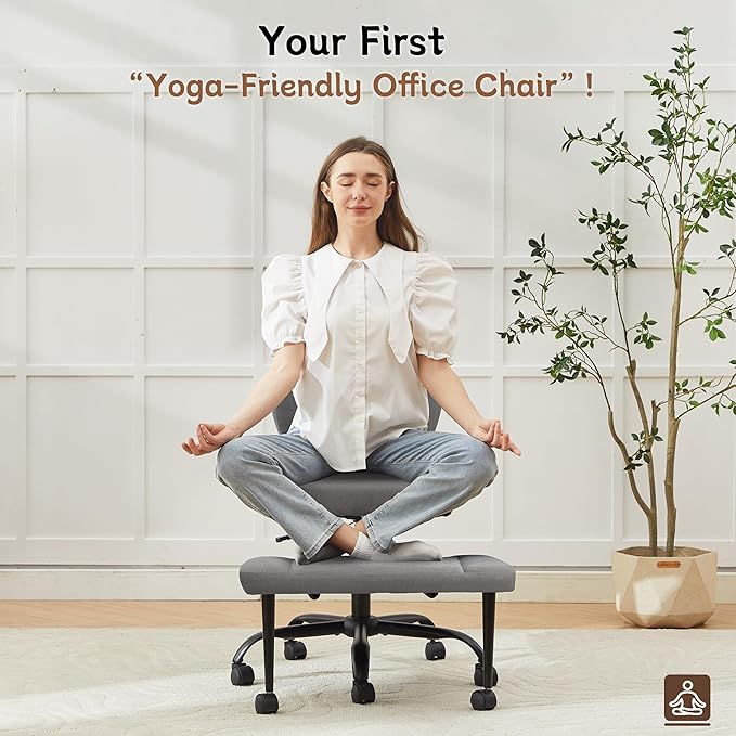 Ergonomic Criss Cross Legged Office Chair, ADHD Chair, 360° Swivel Meditation Kneeling Chair with Wheels, Adjustable Footrest, Bigger & Wider Height Adjustable Seat, Strong Lumbar Support, Greycloth