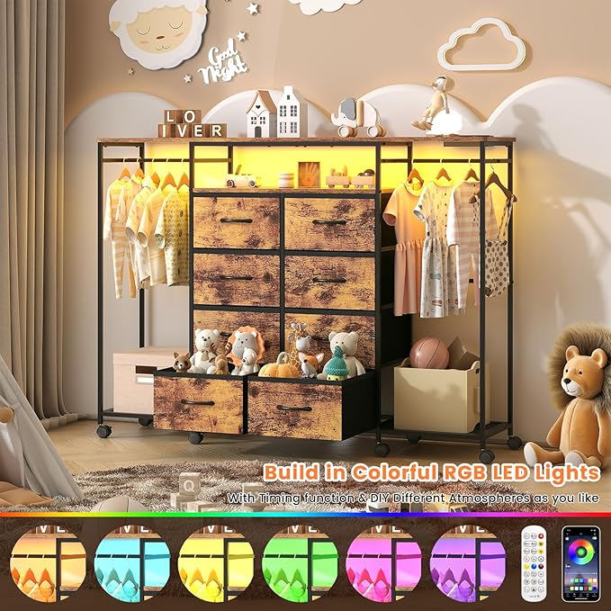 59.1" W Dresser for Bedroom with Hanging Rack, 8 Drawer Dresser with LED Lights & Charging Station, Fabric Dressers with Portable Wheels,Metal Frame, Wooden Top (Rustic Brown)