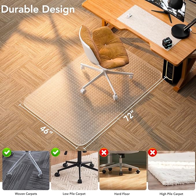 Office Chair Mat for Low Pile Carpet with Lip, 46" x 72" Clear Plastic Floor Protector, Heavy Duty Desk Chair Mat for Rolling Chairs, Smooth Glide Computer Mat for Home Office