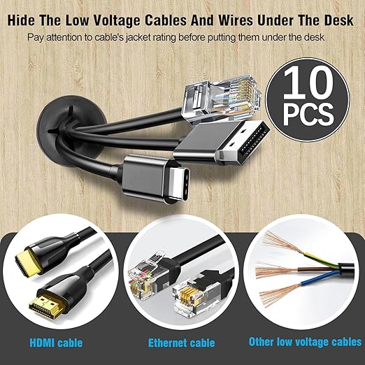 1" Black Desk Grommet, JTemgle Flexible Cable Grommet Cross Rubber Cable Hole Cover Wire Organizer Caps Desktop Cord Management for Home Office TV Stands Tabletops, 10 Pieces