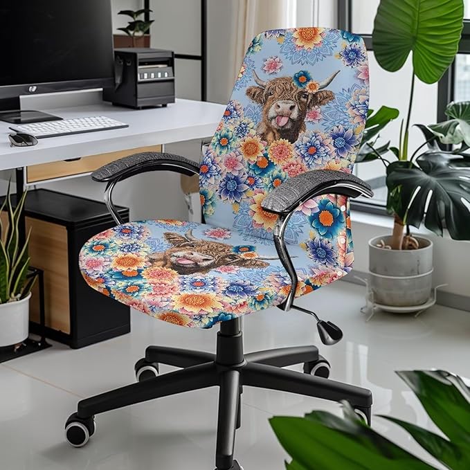 Talayituse Boho Mandala Highland Cattle Print Office Chair Covers, Stretch Computer Chair Cover, Universal Boss Chair Covers Modern Simplism Style High Back Chair Slipcover, Large