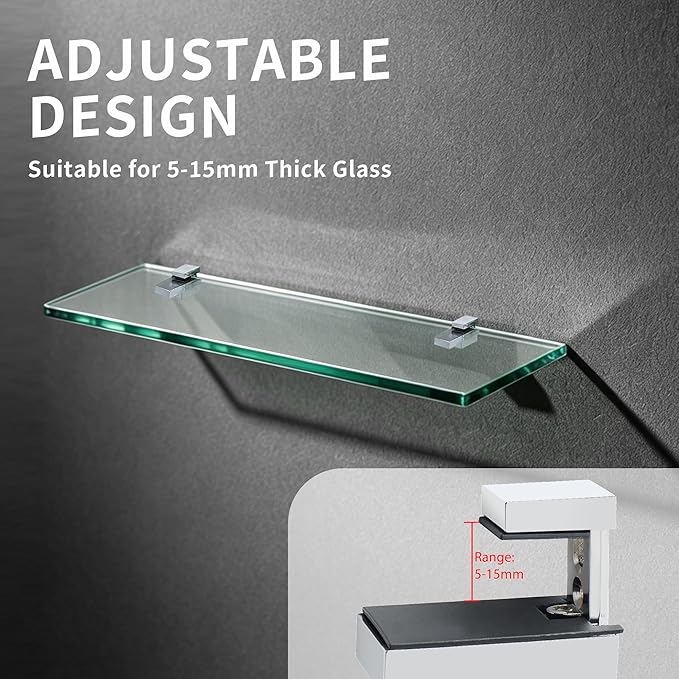 2 Pack Glass Shelf Bracket Adjustable, Wall Mounted Zinc Alloy Glass Clamp Holder for 5-15mm Glass Wood Shelves, Wall Mount Clamps Clip Support Hardware Replacement Parts Shower Brackets (Specularity)