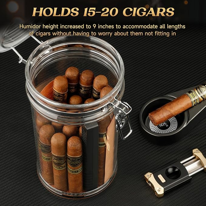 XIFEI Acrylic Humidor Jar with Digital Hygrometer, Tall Design Storage Case Fits Long Cigar, Humidifier & Spanish Cedar Wood Veneer, Portable Travel Humidor for 15-20 Cigars