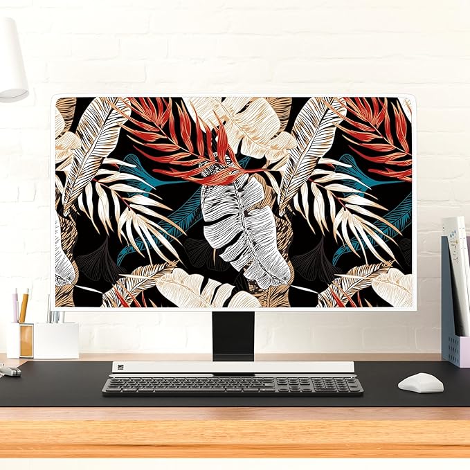 Waterproof Computer Monitor Dust Cover 26, 27, 28 Inch Anti-Static LCD-Silky HD Panel Dust Protective Sleeve Panel Case Computer Monitor Cover,Tropical Plants Leaves Floral